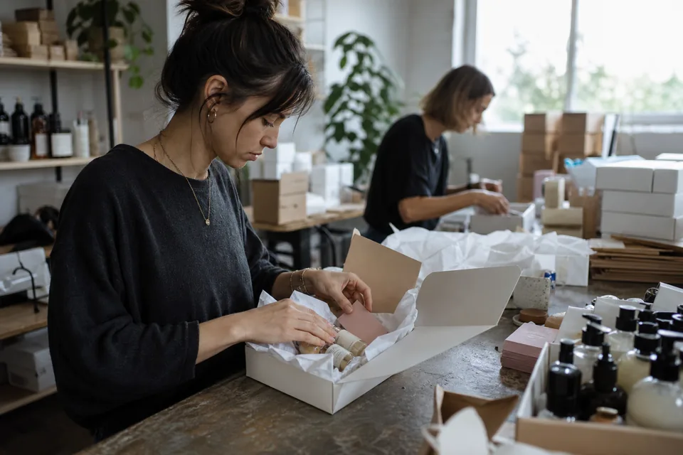 Two team members packing gifting boxes with products and handwritten cards