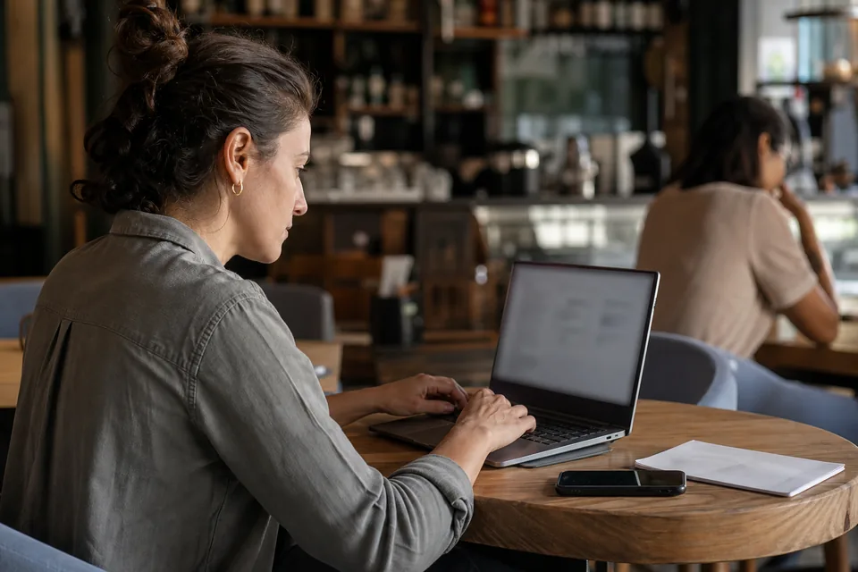 Partnerships manager writing an outreach message on a laptop at a cafe table