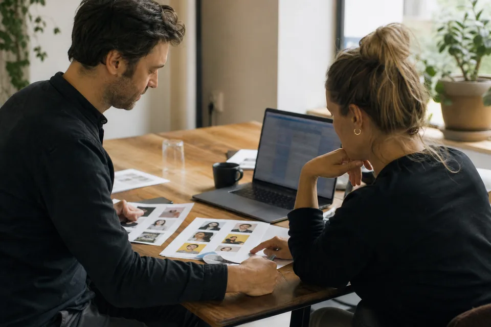 Two marketers comparing creator shortlists on paper and a laptop at an office desk