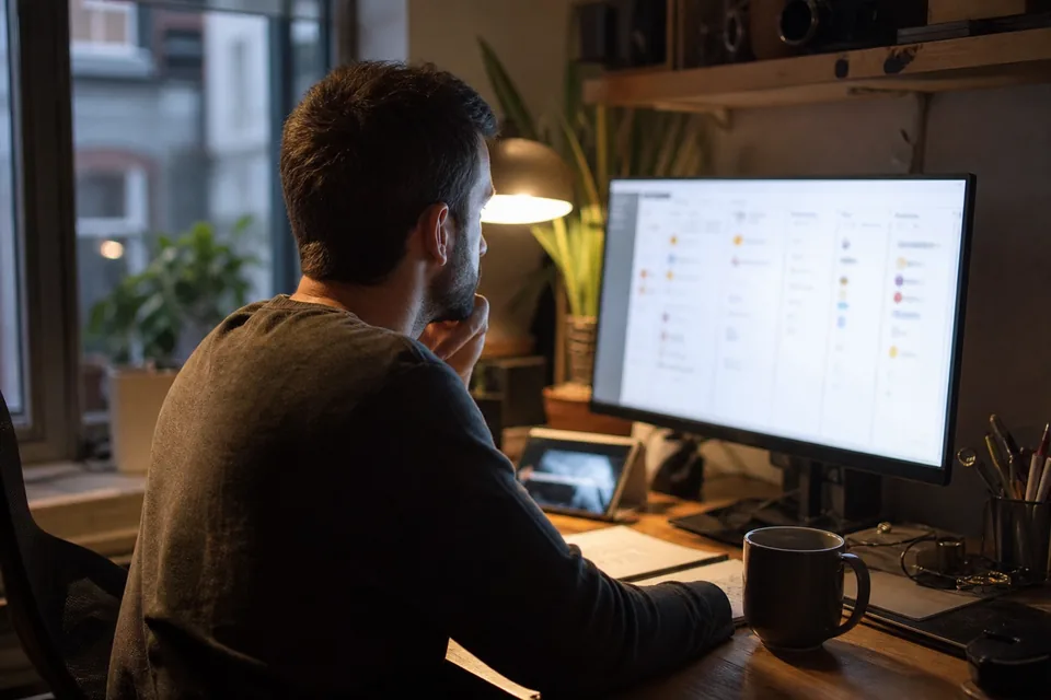 Marketer watching a campaign pipeline board on a large monitor in a home office