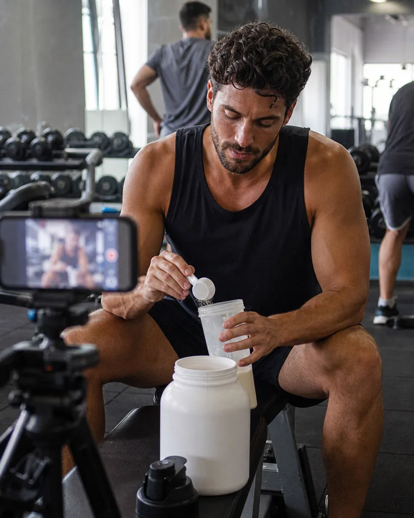 Fitness creator filming a protein shake clip on a phone in a gym