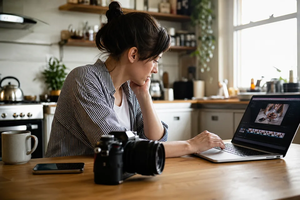 Creator editing a video on a laptop at a kitchen table