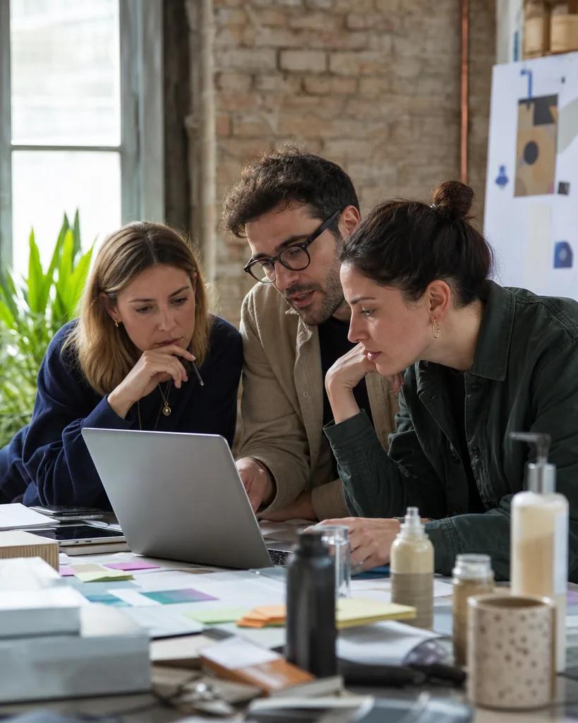 Three marketers reviewing a creator results table on a laptop in a loft office