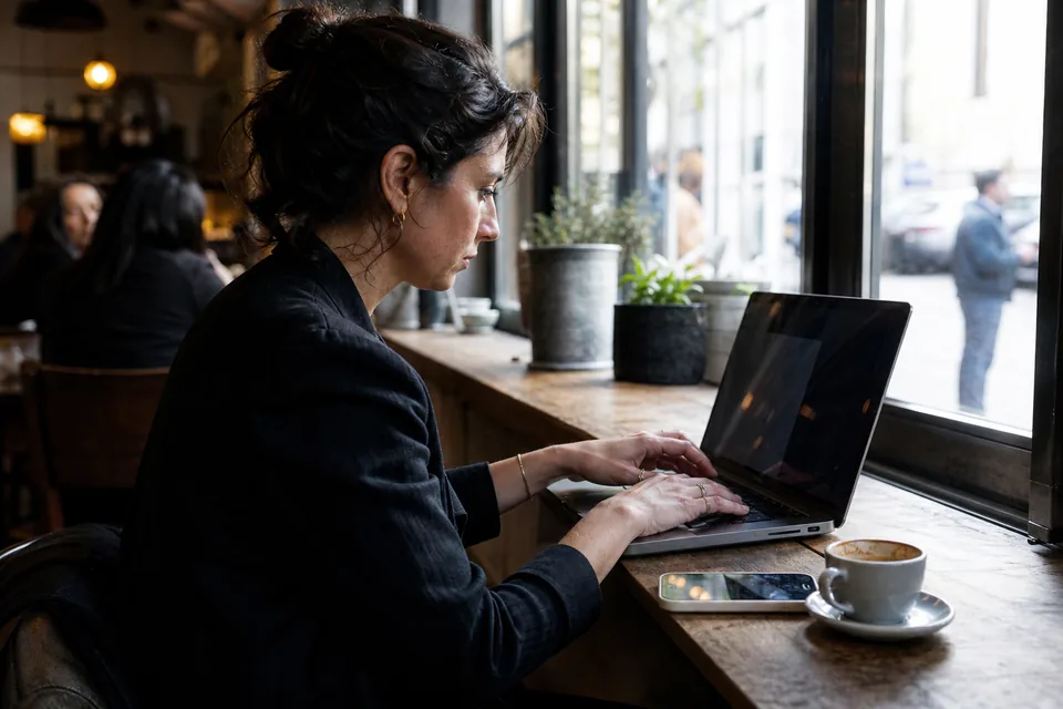 Marketer writing messages to creators on a laptop at a cafe