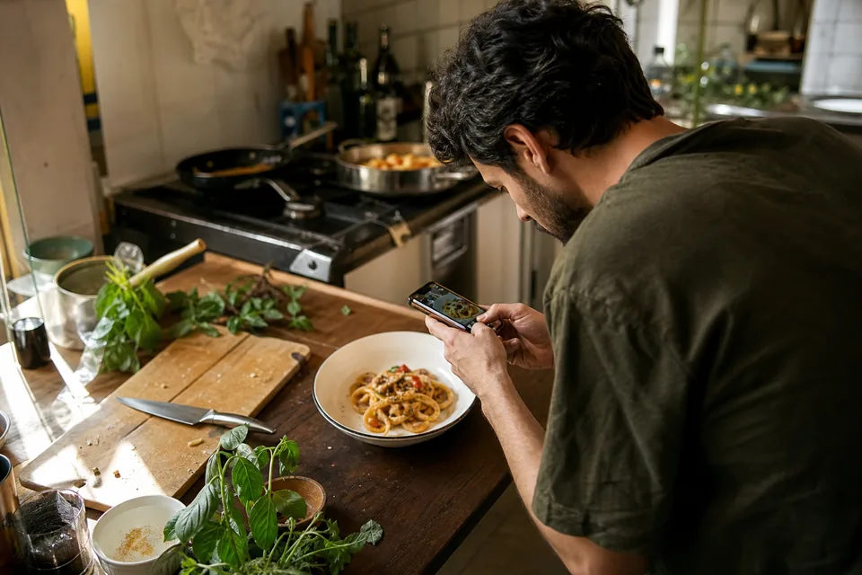 Food creator photographing a plated dish from above in a home kitchen