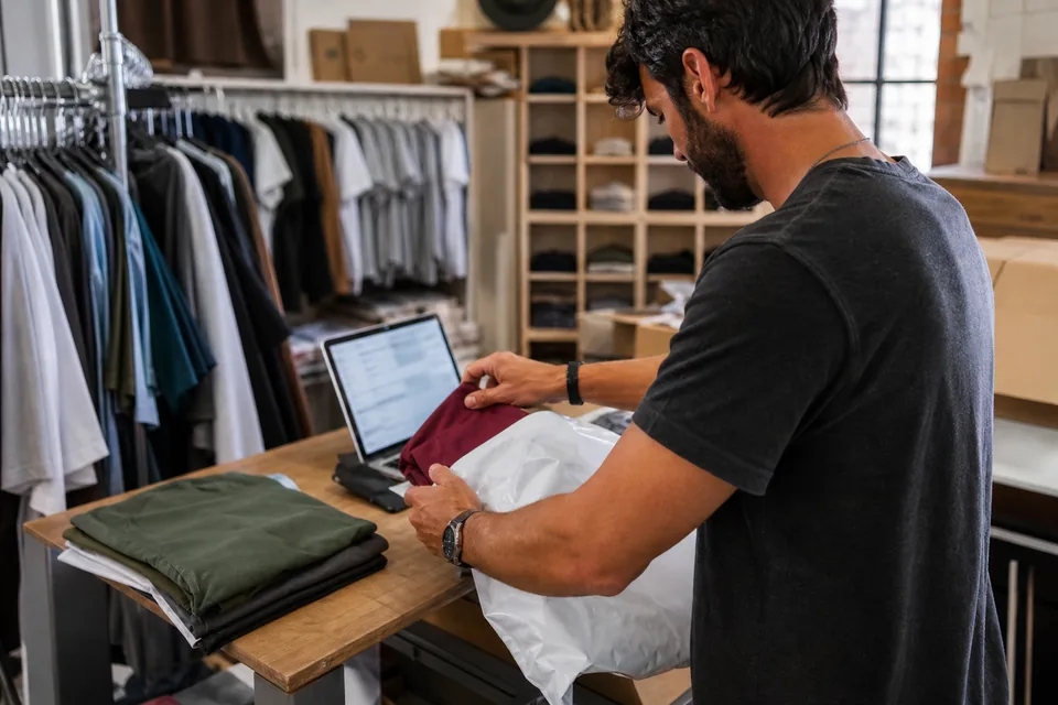 Apparel store owner packing an online order next to an open laptop